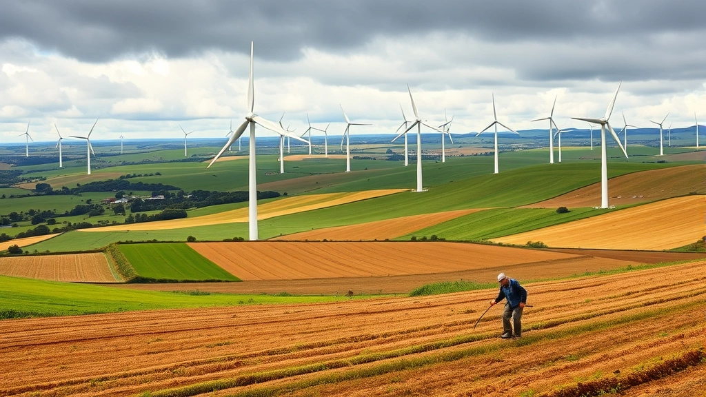 Wind turbines in agricultural landscape with farmers working fields in foreground, vast renewable energy farm with multiple white turbines against cloudy sky, green rolling hills, working farmland coexisting with wind infrastructure, photorealistic panoramic view showing integration of clean energy with traditional agriculture