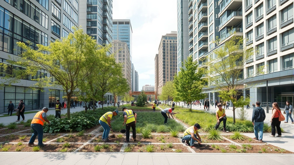 Urban green space transformation with workers planting native trees and vegetation in revitalized city park, modern buildings surrounding restored ecological area, people enjoying improved public space, biodiversity and urban development coexisting, photorealistic community engagement scene showing environmental restoration benefits