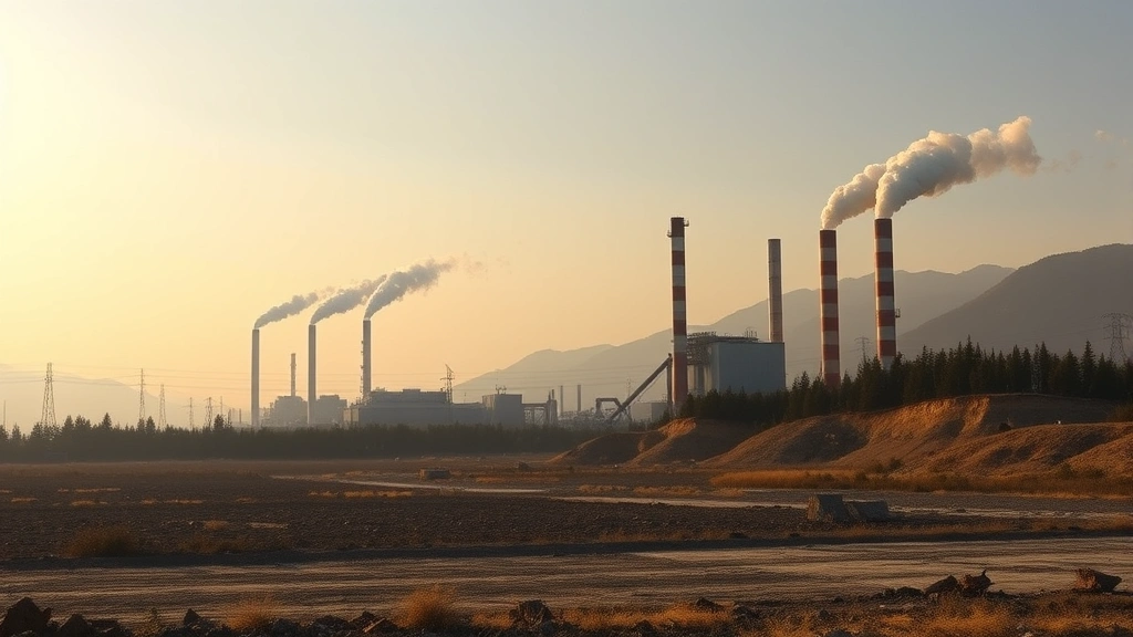 Industrial manufacturing facility with smoke emissions and cleared landscape, stark contrast between industrial infrastructure and degraded natural environment, showing economic impact on nature