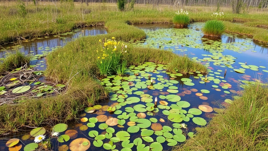 Restored wetland ecosystem with native plants, water, and wildlife habitat thriving together, demonstrating ecosystem recovery and regeneration after conservation efforts