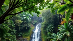 Lush tropical rainforest canopy with diverse vegetation, flowing waterfall, and mist, representing ecosystem services and natural capital value in pristine condition