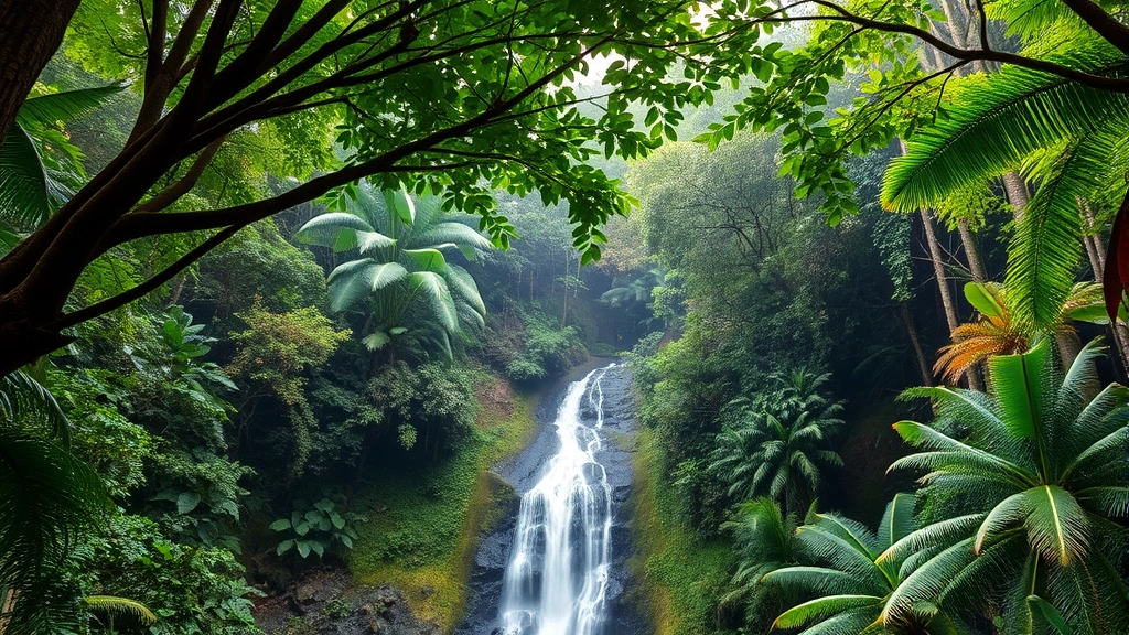 Lush tropical rainforest canopy with diverse vegetation, flowing waterfall, and mist, representing ecosystem services and natural capital value in pristine condition