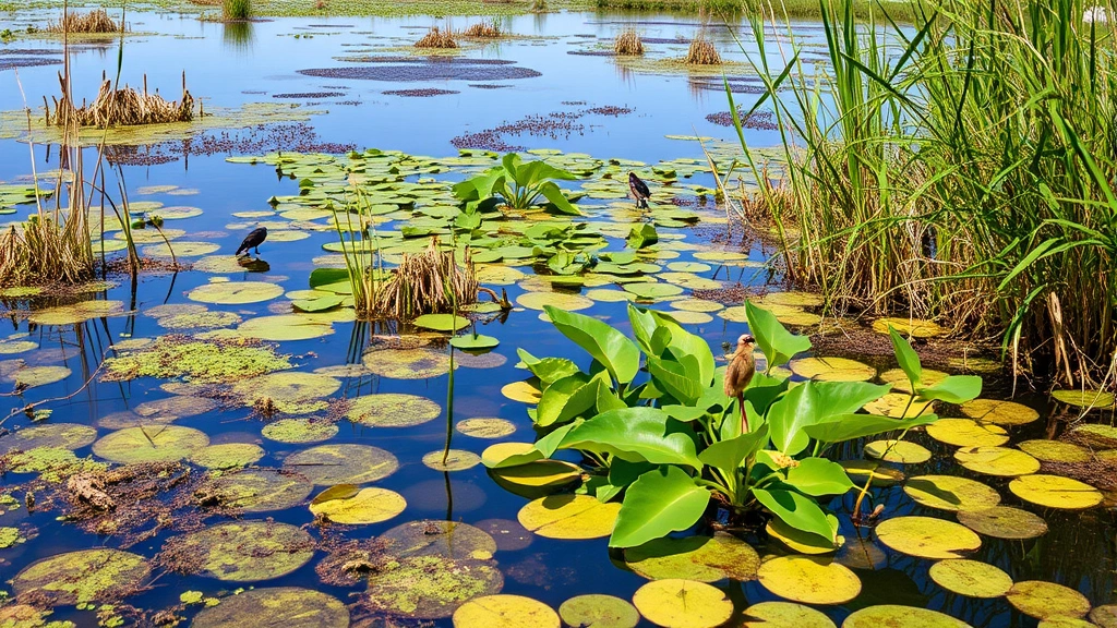 Restored wetland ecosystem with water, native plants, birds, and insects thriving, showing restoration success and economic benefits from ecosystem recovery