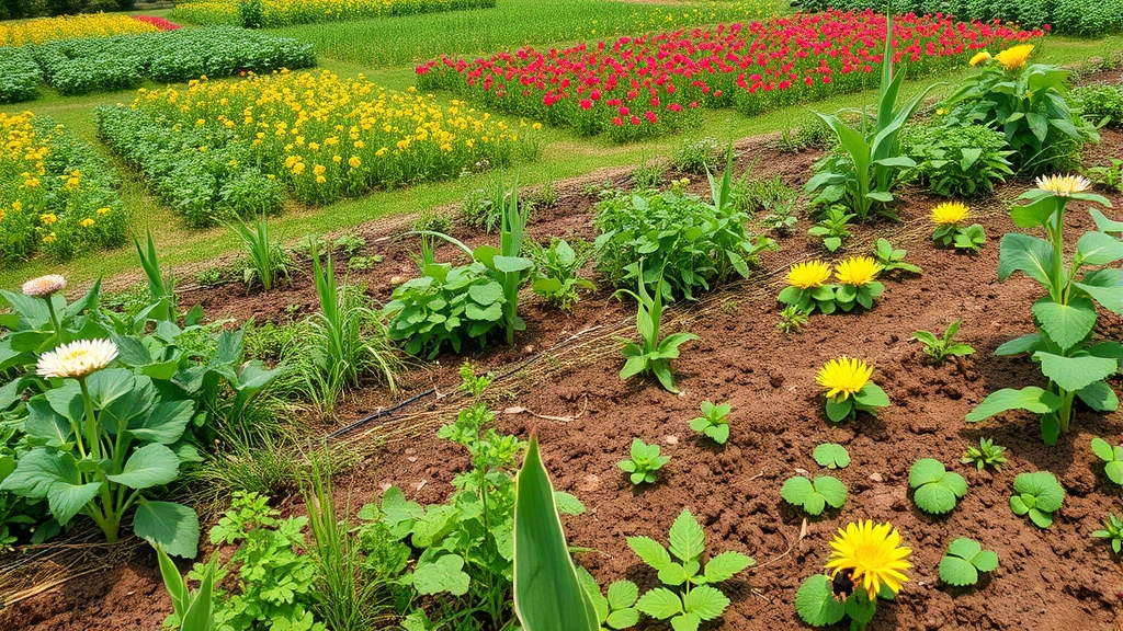 Diverse agricultural landscape with mixed crops, pollinating insects, healthy soil, and natural pest predators working together in regenerative farming system