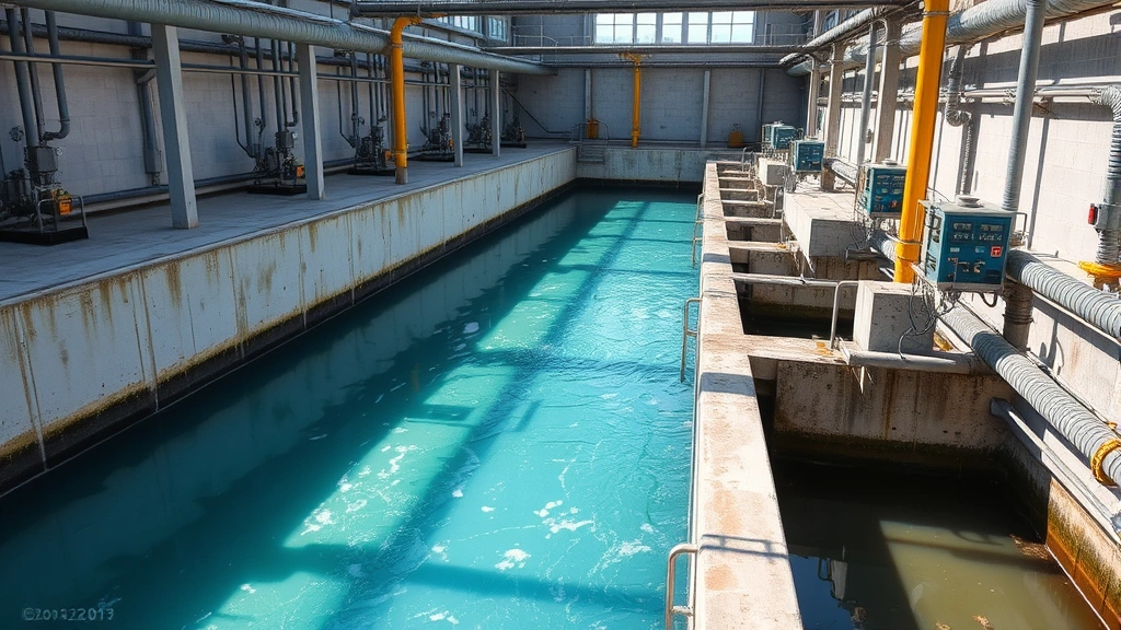 Industrial wastewater treatment facility with blue-green water flowing through concrete channels, surrounded by metal pipes and monitoring equipment, natural sunlight illuminating the contamination treatment process, realistic photographic style