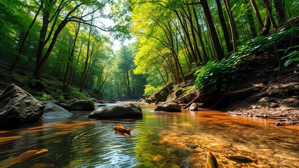 Diverse ecosystem showing forest canopy with sunlight filtering through leaves, clear stream with visible aquatic life including fish and insects, rich soil visible at forest floor with decomposing organic matter, vibrant natural colors and biological diversity