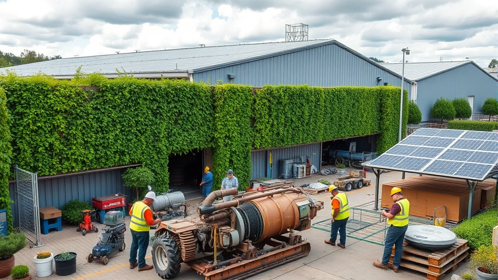 Manufacturing facility exterior with modern sustainable infrastructure including green walls, rainwater collection systems, and solar panels, workers in safety gear performing equipment maintenance, industrial landscape transitioning toward environmental responsibility
