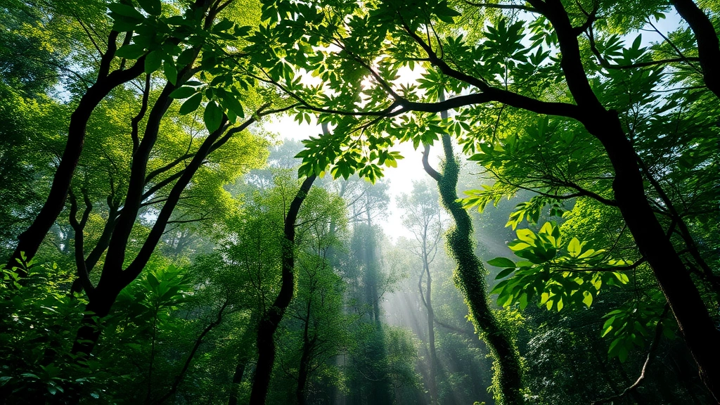 Lush forest canopy with sunlight filtering through leaves, vibrant green foliage, diverse tree species, mist rising from understory, untouched natural ecosystem, photorealistic, no text