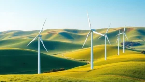 Photorealistic image of renewable energy wind turbines in a natural landscape with green rolling hills and clear sky, showing sustainable technology integration with nature, no text or labels visible
