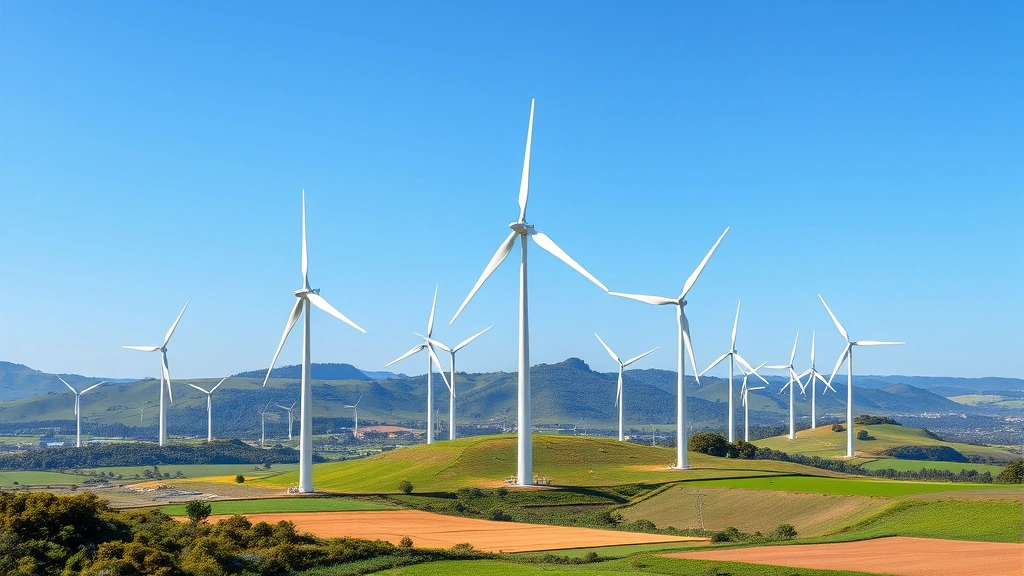 Modern renewable energy wind turbines in landscape with green hills and agricultural fields, sustainable development integration, blue sky, clean technology infrastructure, photorealistic, no text