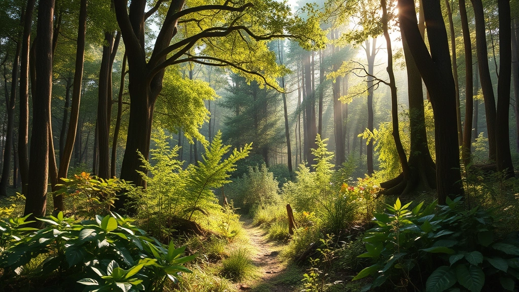 Photorealistic photograph of a forest ecosystem with diverse vegetation, sunlight filtering through canopy, showing biodiversity and natural environmental services, no charts or text