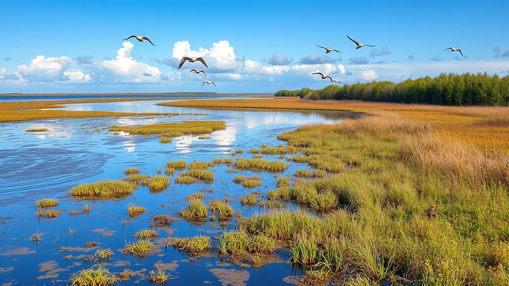 Coastal wetland ecosystem with water reflecting sky, diverse marsh vegetation, natural habitat restoration, birds in flight, pristine ecological environment, photorealistic, no text