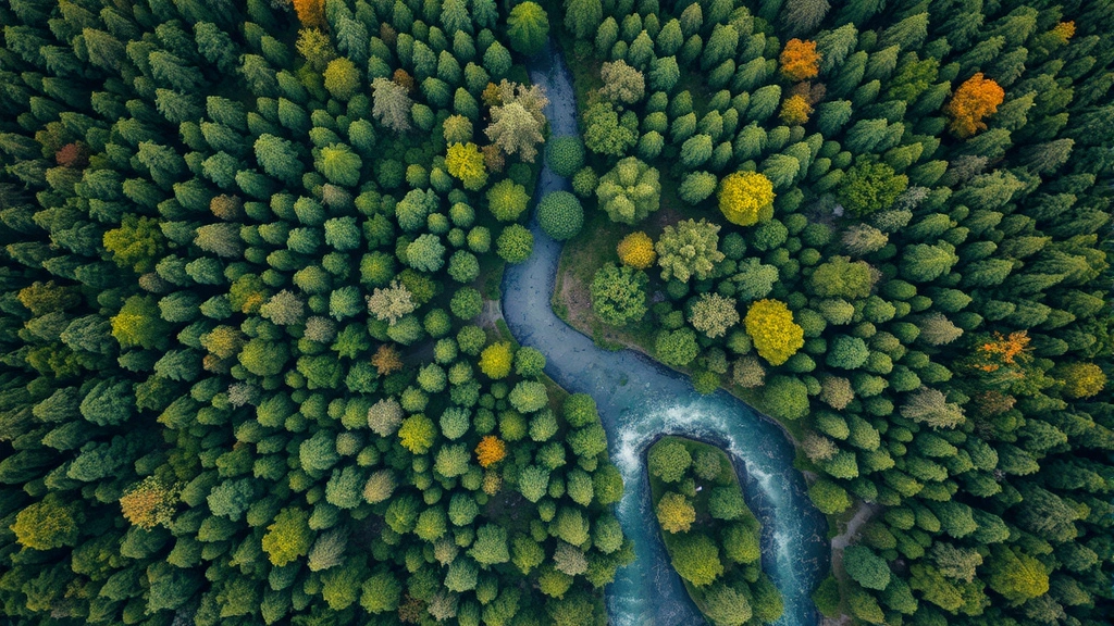 Aerial view of diverse forest canopy with winding river, showcasing ecosystem complexity and water cycle integration in natural landscape