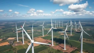 Aerial view of sprawling wind turbine farm landscape with white turbines generating clean renewable energy against blue sky with white clouds, rolling green hills and agricultural fields visible in background