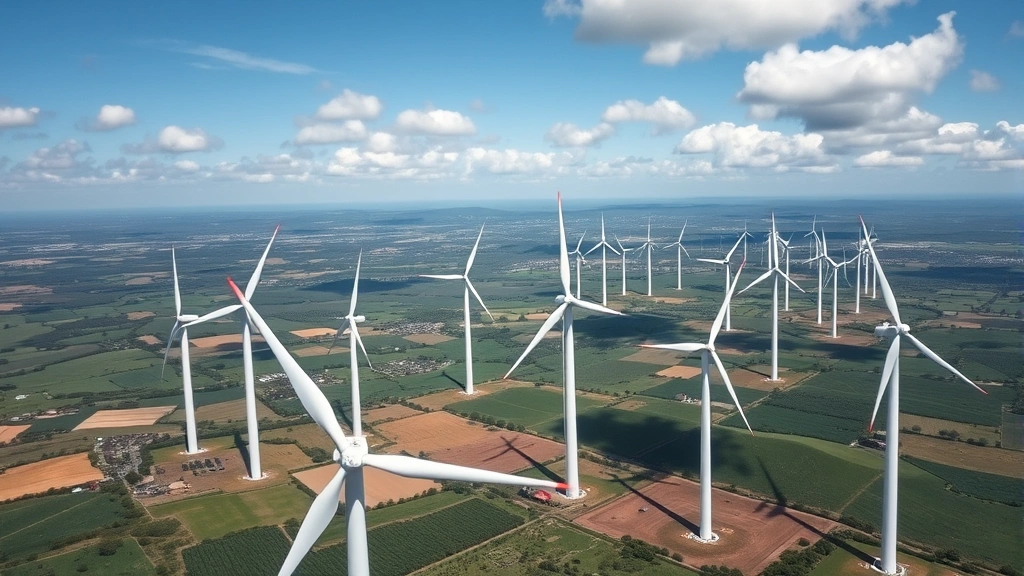 Aerial view of sprawling wind turbine farm landscape with white turbines generating clean renewable energy against blue sky with white clouds, rolling green hills and agricultural fields visible in background