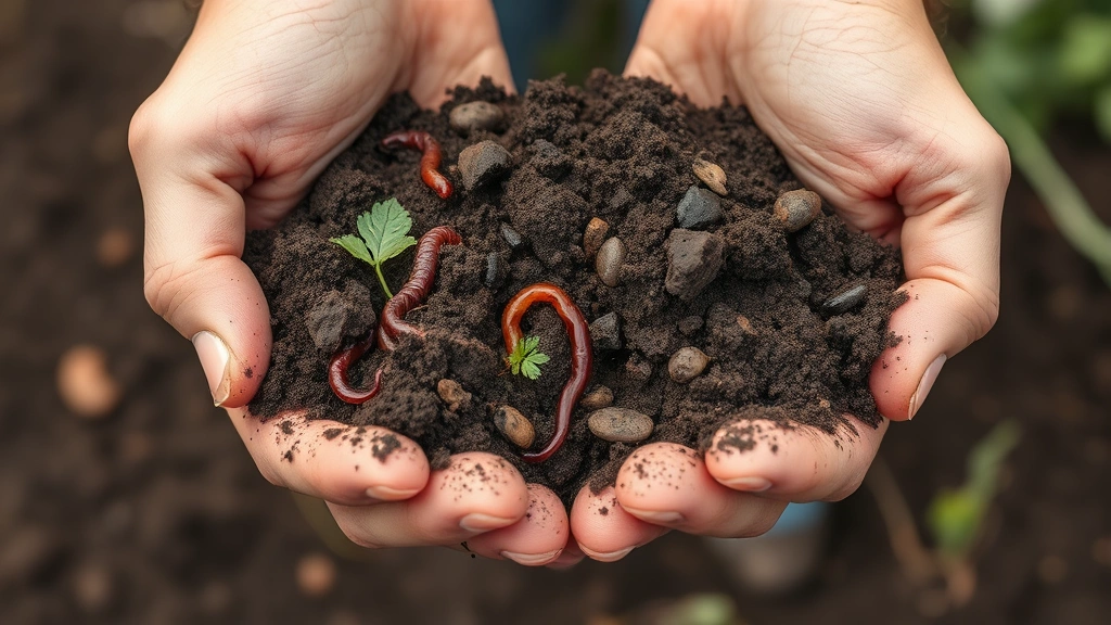 Farmer's hands holding rich dark soil with visible organic matter, earthworms, and microbial activity, demonstrating soil health restoration
