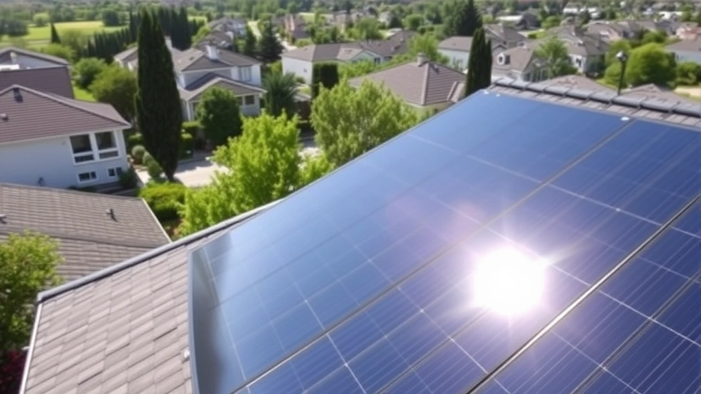 Modern solar panel installation on residential rooftop with green garden and trees visible, bright sunlight reflecting off blue panels, suburban neighborhood landscape with other green-roofed homes