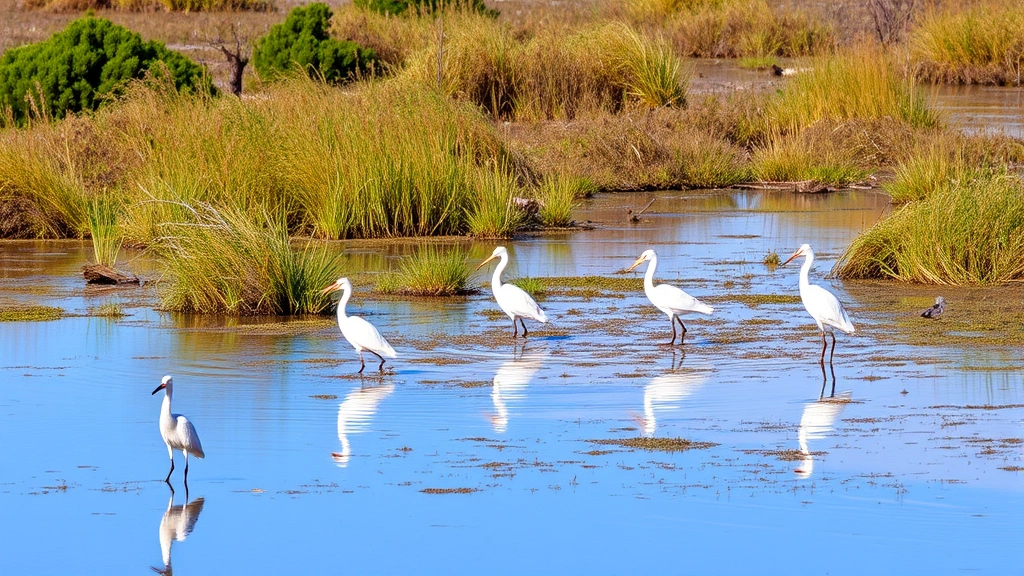 Wetland ecosystem with water birds, native vegetation, and clear water reflection, illustrating ecosystem service provision and biodiversity