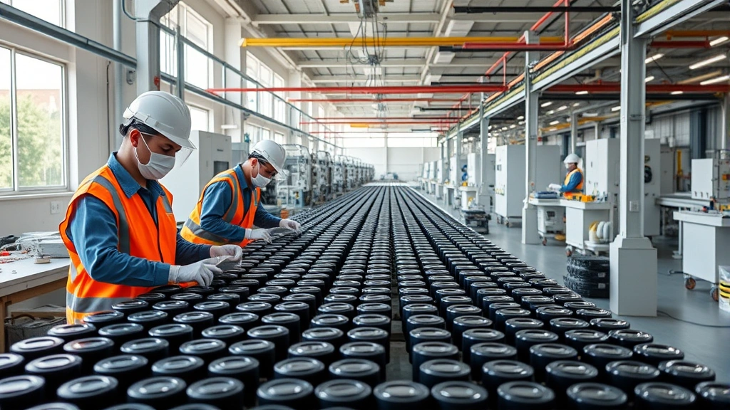 Workers in safety gear assembling battery modules in clean manufacturing facility, rows of cylindrical battery cells, industrial equipment and conveyor systems, natural daylight through large windows illuminating sustainable production environment