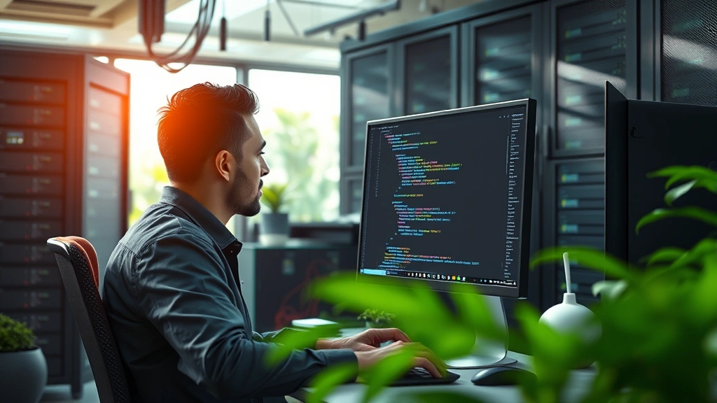 Photorealistic image of a developer working at a computer terminal with Python code visible on screen, surrounded by server infrastructure visualization, green and sustainable technology aesthetic, natural lighting from office windows