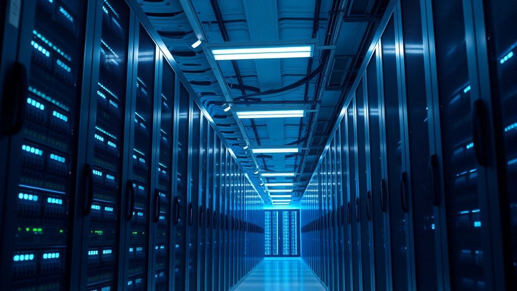 Detailed photograph of a modern data center with rows of servers emitting soft blue light, emphasizing efficient cooling systems and sustainable infrastructure design, no text or labels visible