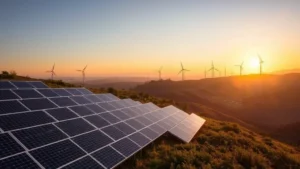 Solar panels covering hillside landscape with wind turbines in distance, golden hour lighting, verdant valleys below, photorealistic environmental transition scene