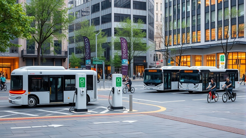 Modern electric vehicle charging station in urban plaza with electric buses and cyclists, contemporary architecture, natural lighting, bustling city environment showing transportation transition