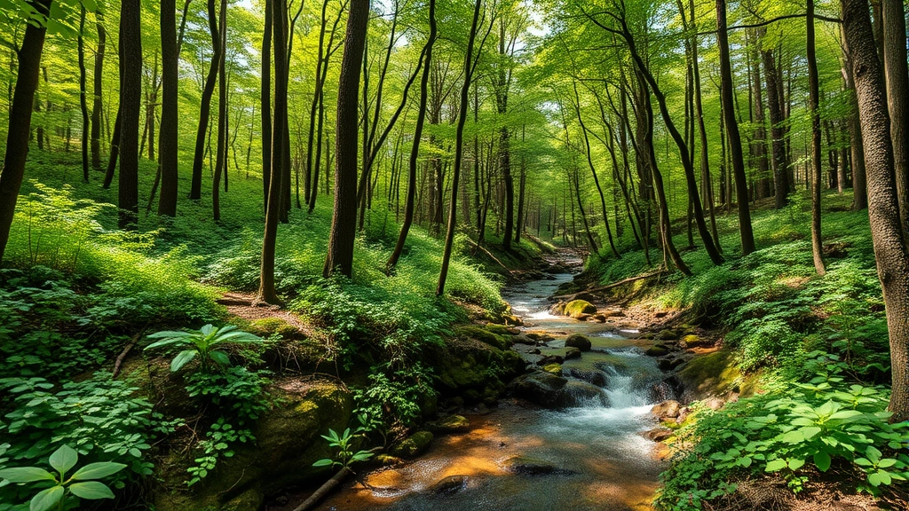 Dense forest ecosystem with diverse vegetation layers, wildlife habitats, clear streams, sunlight filtering through canopy, pristine natural environment representing ecological restoration