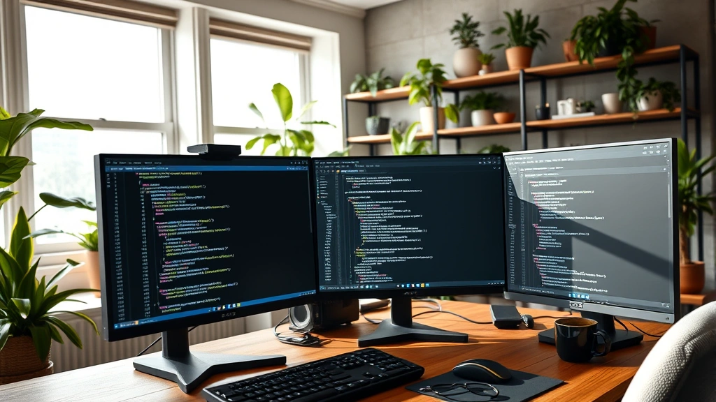 A developer's workspace with multiple computer monitors displaying Python code and environment configuration files, natural daylight from windows, wooden desk with keyboard and coffee cup, plants on shelves in background, realistic office setting