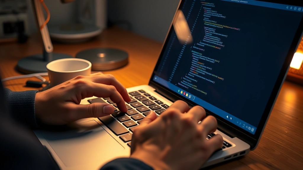 Close-up of hands typing on a laptop keyboard with Python syntax visible on screen, showing os.getenv() and os.environ functions in code editor, warm desk lamp lighting, coffee cup nearby, professional development environment