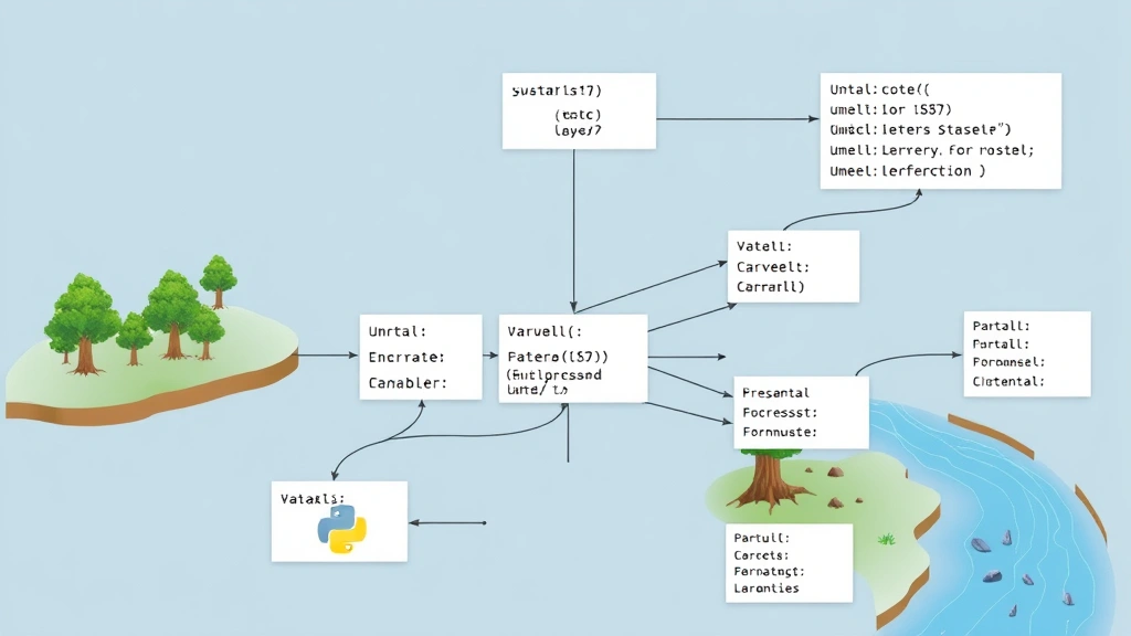 Diagram-style visualization showing data flowing from environment variables into a Python application, represented with natural elements like water streams connecting to trees and ecosystem components, showing interconnected systems without any text or charts