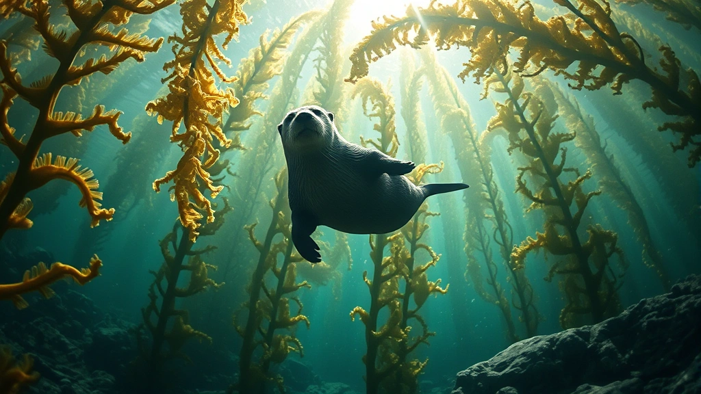 Sea otter floating among dense kelp forest fronds, sunlight filtering through water, rocky seafloor visible below, photorealistic underwater scene