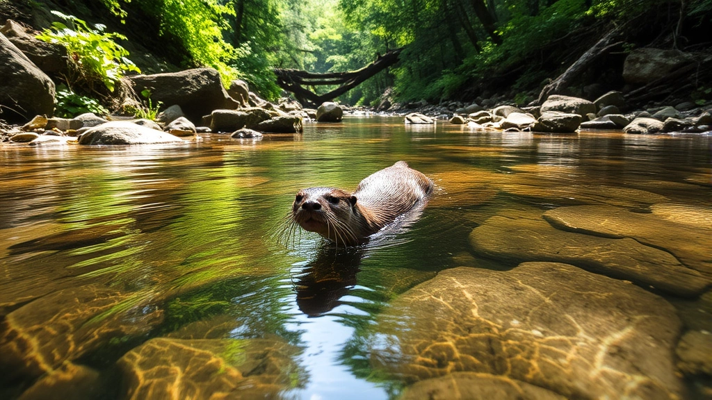 River otter swimming upstream in clear freshwater stream surrounded by riparian vegetation and rocks, dappled sunlight through forest canopy, natural habitat