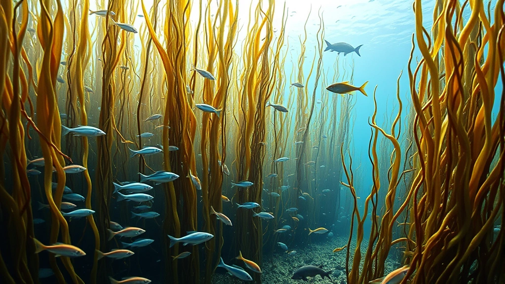 Coastal kelp forest ecosystem with abundant fish and marine life thriving among tall kelp stalks, sea otter visible in distance, healthy marine biodiversity scene