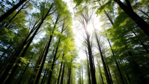 Sunlit forest canopy with dappled light on forest floor, tall trees creating natural cathedral, photorealistic nature photography, no people visible
