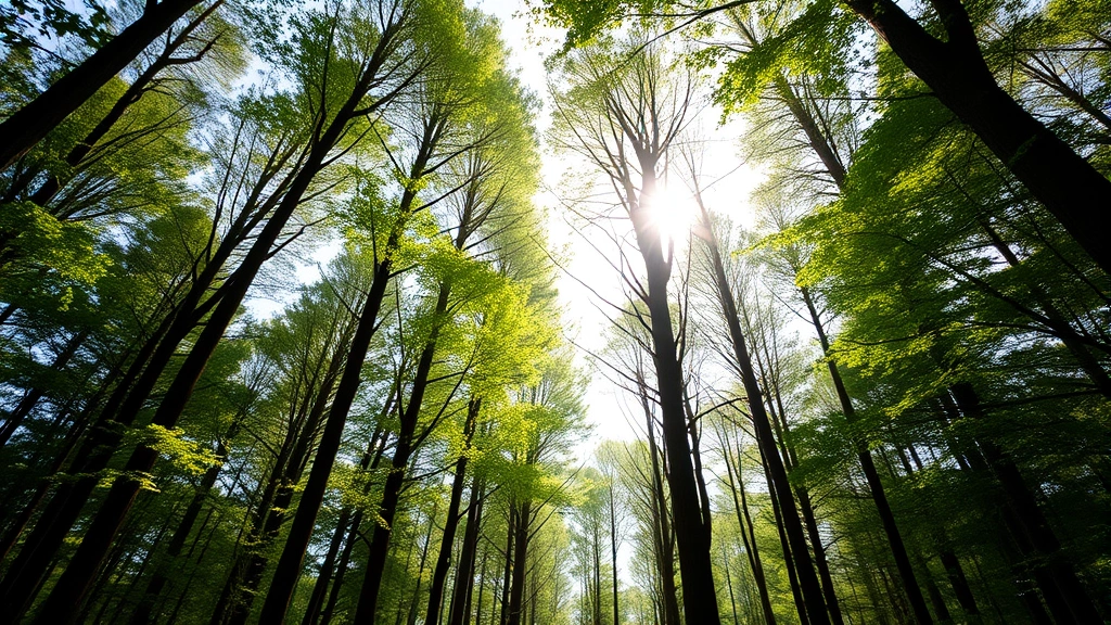 Sunlit forest canopy with dappled light on forest floor, tall trees creating natural cathedral, photorealistic nature photography, no people visible