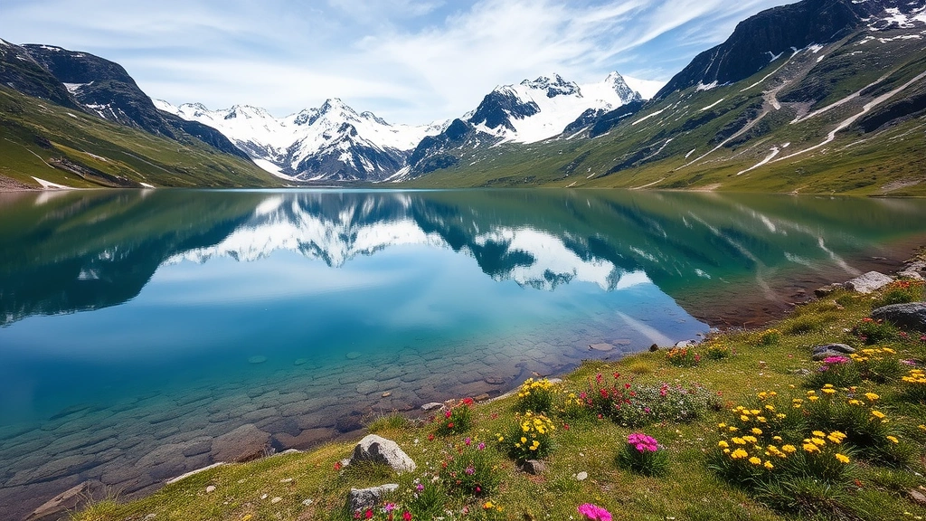 Pristine mountain lake reflecting snow-capped peaks, alpine meadow with wildflowers in foreground, clear water and healthy ecosystem, vibrant natural landscape