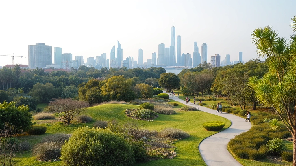 Urban park with diverse green spaces, walking paths, native vegetation and trees, city skyline in soft focus background, people enjoying outdoor recreation at distance