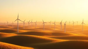 Expansive wind turbine farm across rolling hills at golden hour, clean sky, modern renewable energy infrastructure integrated into pastoral landscape, photorealistic, no text