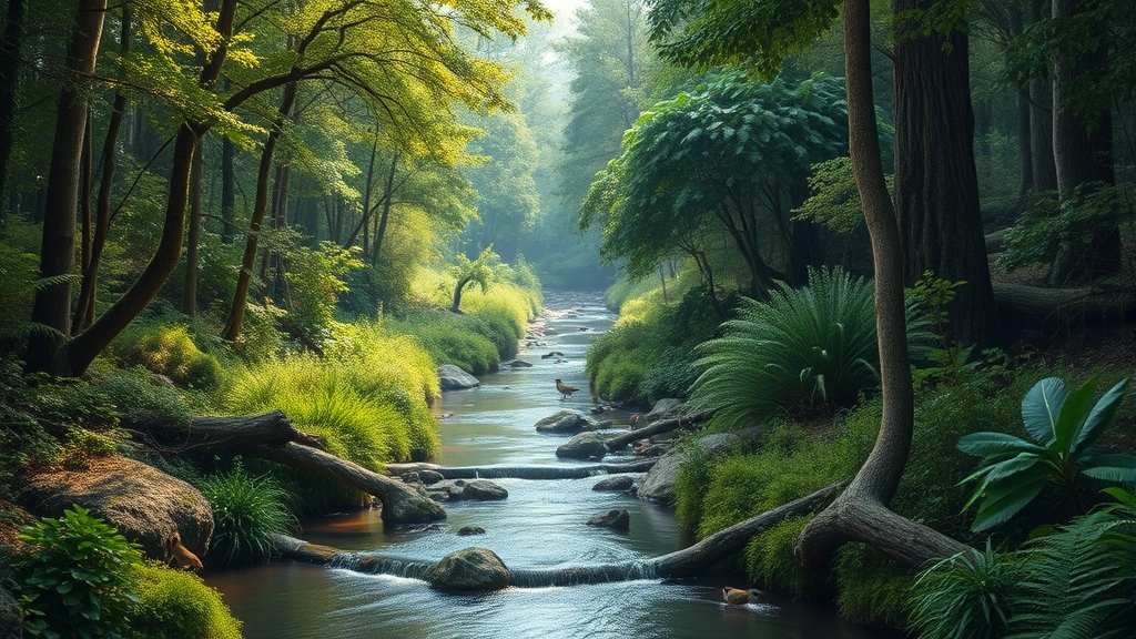 Lush restored forest ecosystem with clean river flowing through it, birds and wildlife thriving, vibrant vegetation demonstrating ecological recovery and natural capital preservation, photorealistic, no text