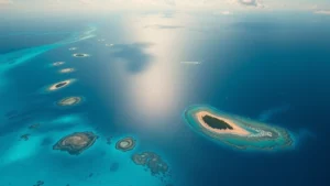 Aerial view of vast Pacific Ocean with multiple island atolls scattered across turquoise water and coral reef formations visible from above, showing pristine natural beauty and fragile island ecosystems under tropical sunlight