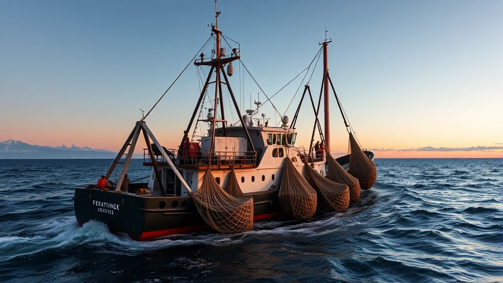 Commercial fishing vessel with large nets hauling catch from Pacific waters at dawn, showing industrial-scale maritime operations with crew members on deck and ocean horizon in background