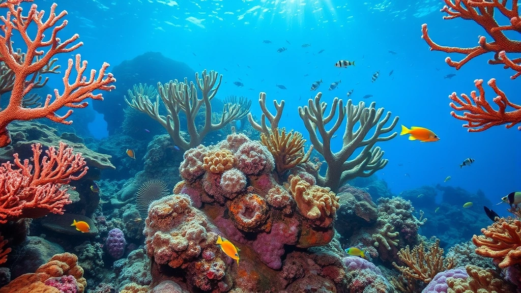 Underwater coral reef ecosystem showing colorful coral formations with fish swimming among branching corals and sea life, demonstrating marine biodiversity and ecosystem health with natural ocean lighting
