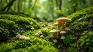 Lush green forest with biodegradable mushroom mycelium packaging materials scattered naturally among moss and soil, photorealistic, bright natural daylight, sustainable material innovation concept