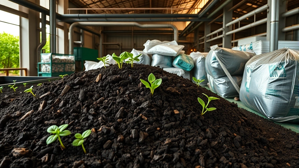 Industrial composting facility with rich dark compost and emerging seedlings, eco-packaging materials breaking down into nutrient-rich soil, realistic agricultural setting, regenerative cycle visualization