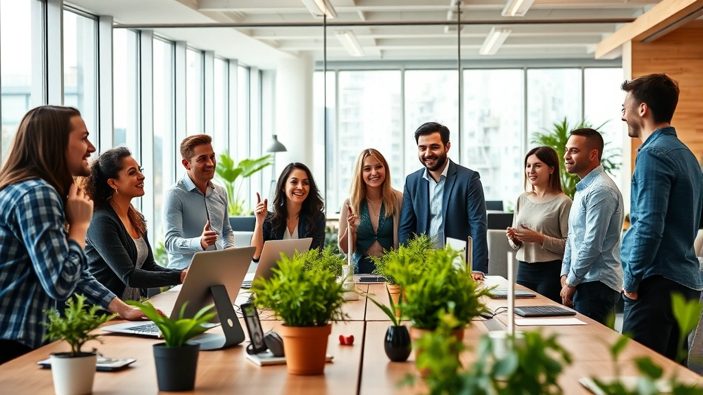 Diverse professional team collaborating enthusiastically in bright modern office with floor-to-ceiling windows, natural daylight, green plants on desks, wooden elements, and open collaborative seating areas promoting interaction and connection