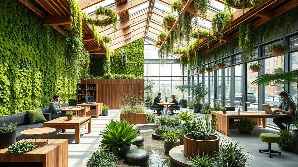 Sustainable office workspace featuring living moss walls, natural wood furniture made from recycled materials, employees working in different zones, abundant greenery, natural light streaming through skylights, water features, and circular economy design elements