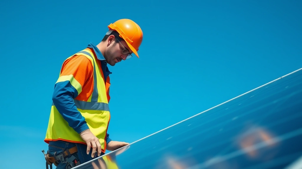 A solar panel installation technician in safety gear working on residential rooftop against blue sky, showing renewable energy workforce in action, realistic photography, natural lighting