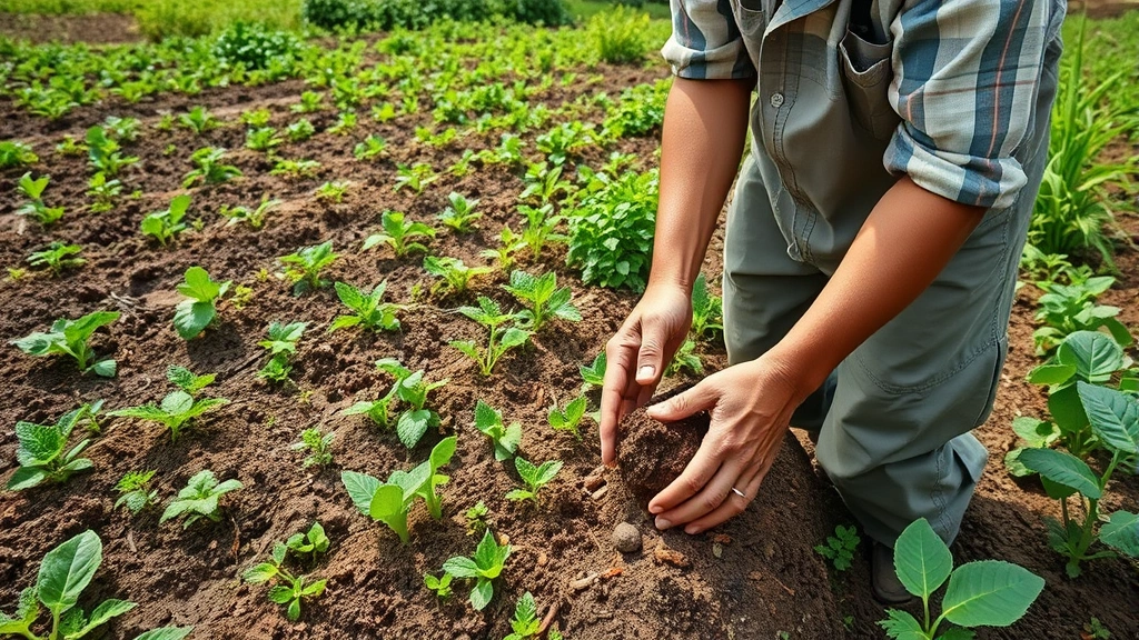 An agricultural worker in regenerative farming landscape with diverse crops, healthy soil visible, green vegetation thriving, hands touching earth, embodying sustainable occupation and environmental stewardship