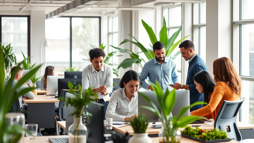 Professional diverse team collaborating in a modern office with natural light, green plants, and ergonomic workstations, employees engaged and focused on tasks, contemporary sustainable workspace design
